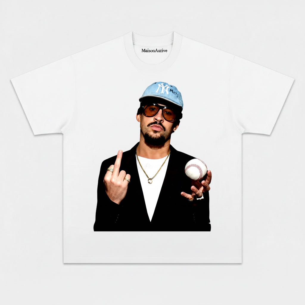 MaisonAurive Washed Hip-Hop Tee – Baseball Cap & Ball Gesture Portrait Waterwashed Charcoal