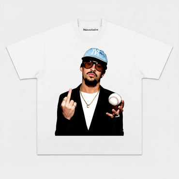 MaisonAurive Washed Hip-Hop Tee – Baseball Cap & Ball Gesture Portrait Waterwashed Charcoal