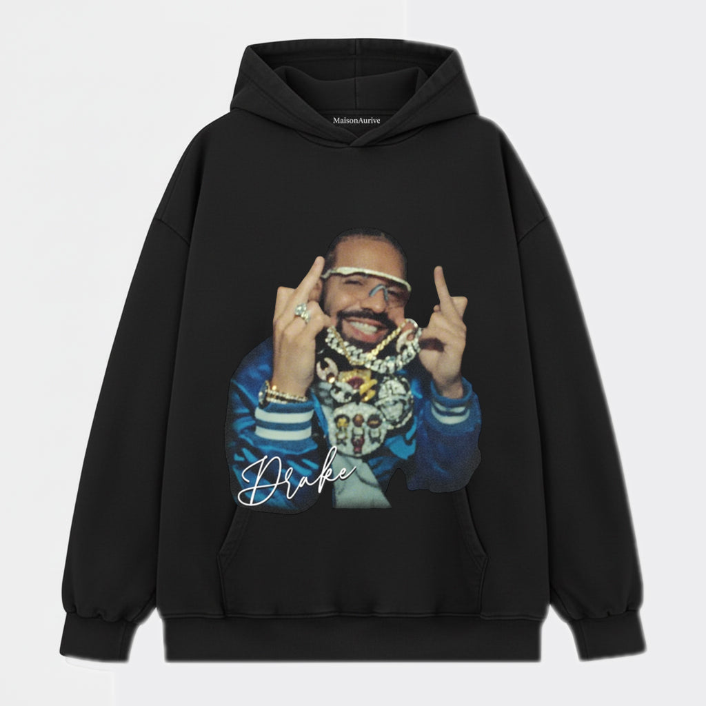 MaisonAurive Washed Hip-Hop Tee – Drake Stacked Chain Gesture Portrait Waterwashed Charcoal