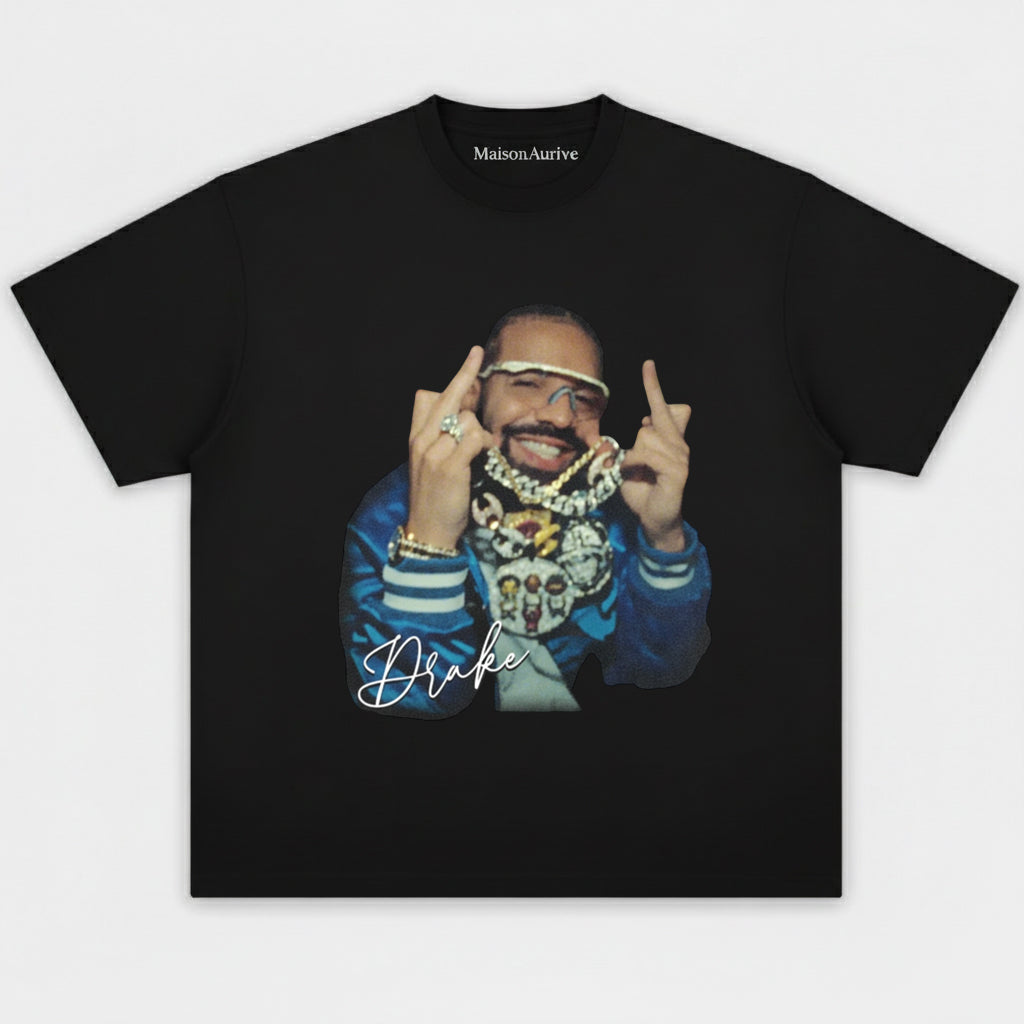 MaisonAurive Washed Hip-Hop Tee – Drake Stacked Chain Gesture Portrait Waterwashed Charcoal