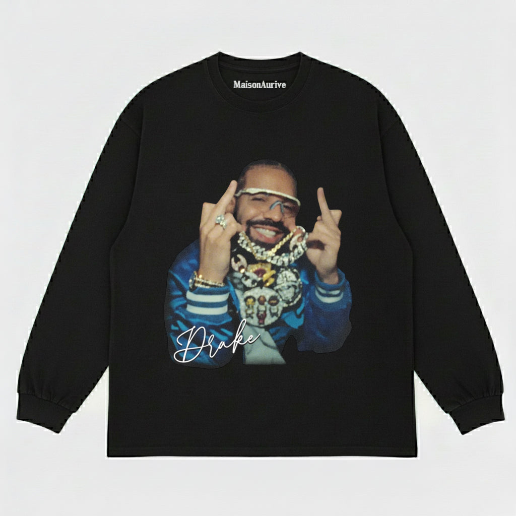 MaisonAurive Washed Hip-Hop Tee – Drake Stacked Chain Gesture Portrait Waterwashed Charcoal