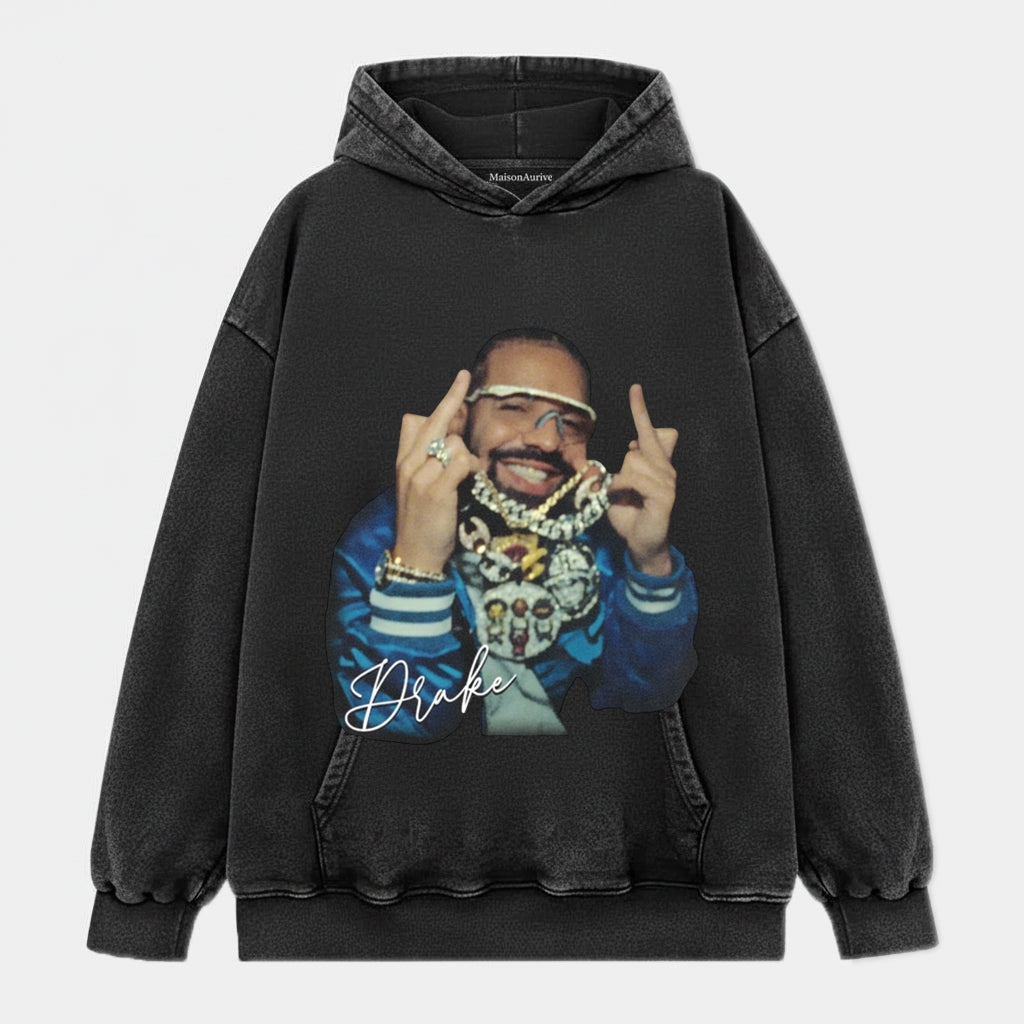 MaisonAurive Washed Hip-Hop Tee – Drake Stacked Chain Gesture Portrait Waterwashed Charcoal