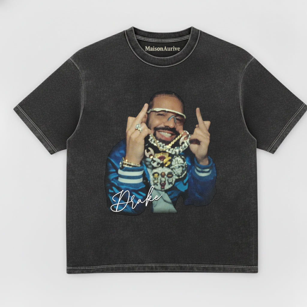 MaisonAurive Washed Hip-Hop Tee – Drake Stacked Chain Gesture Portrait Waterwashed Charcoal