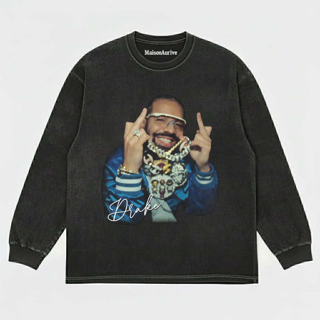 MaisonAurive Washed Hip-Hop Tee – Drake Stacked Chain Gesture Portrait Waterwashed Charcoal