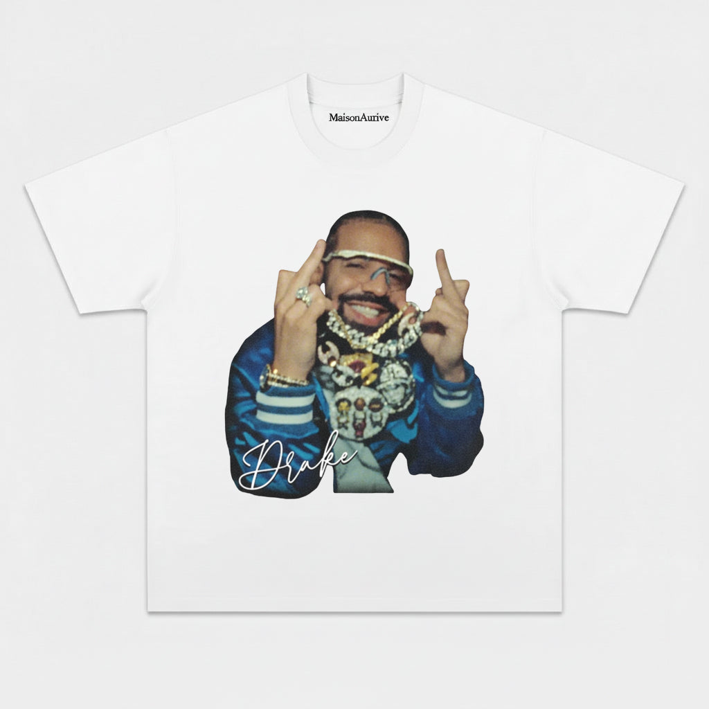 MaisonAurive Washed Hip-Hop Tee – Drake Stacked Chain Gesture Portrait Waterwashed Charcoal