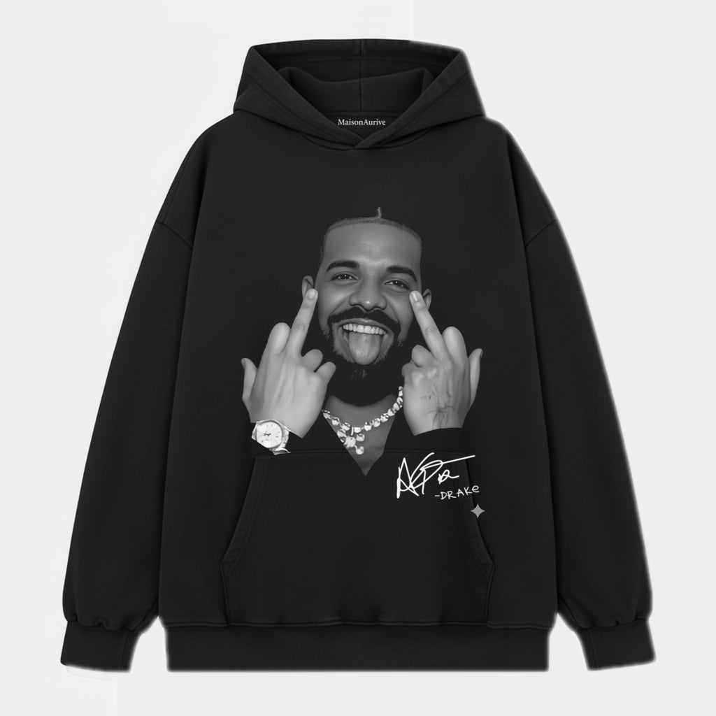 MaisonAurive Washed Hip-Hop Tee – Drake Signature Gesture Portrait Waterwashed Charcoal