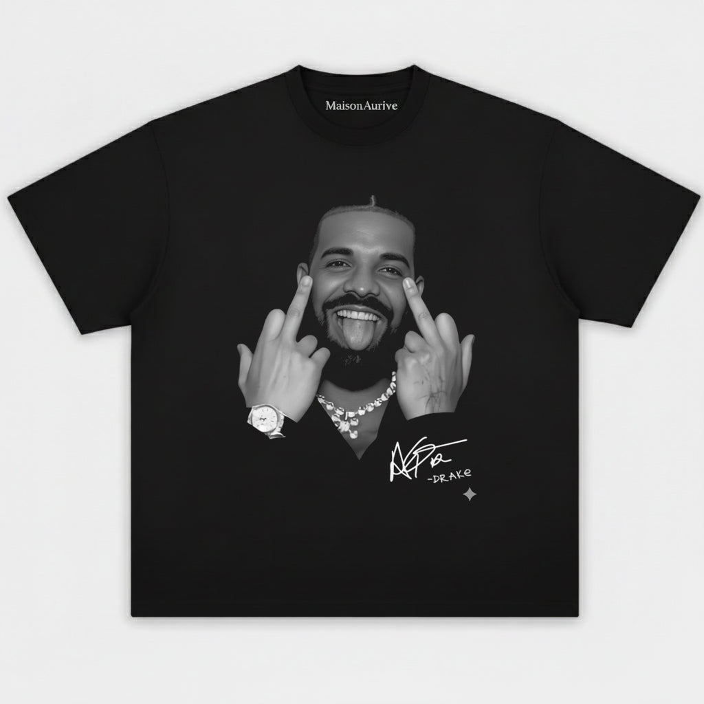 MaisonAurive Washed Hip-Hop Tee – Drake Signature Gesture Portrait Waterwashed Charcoal