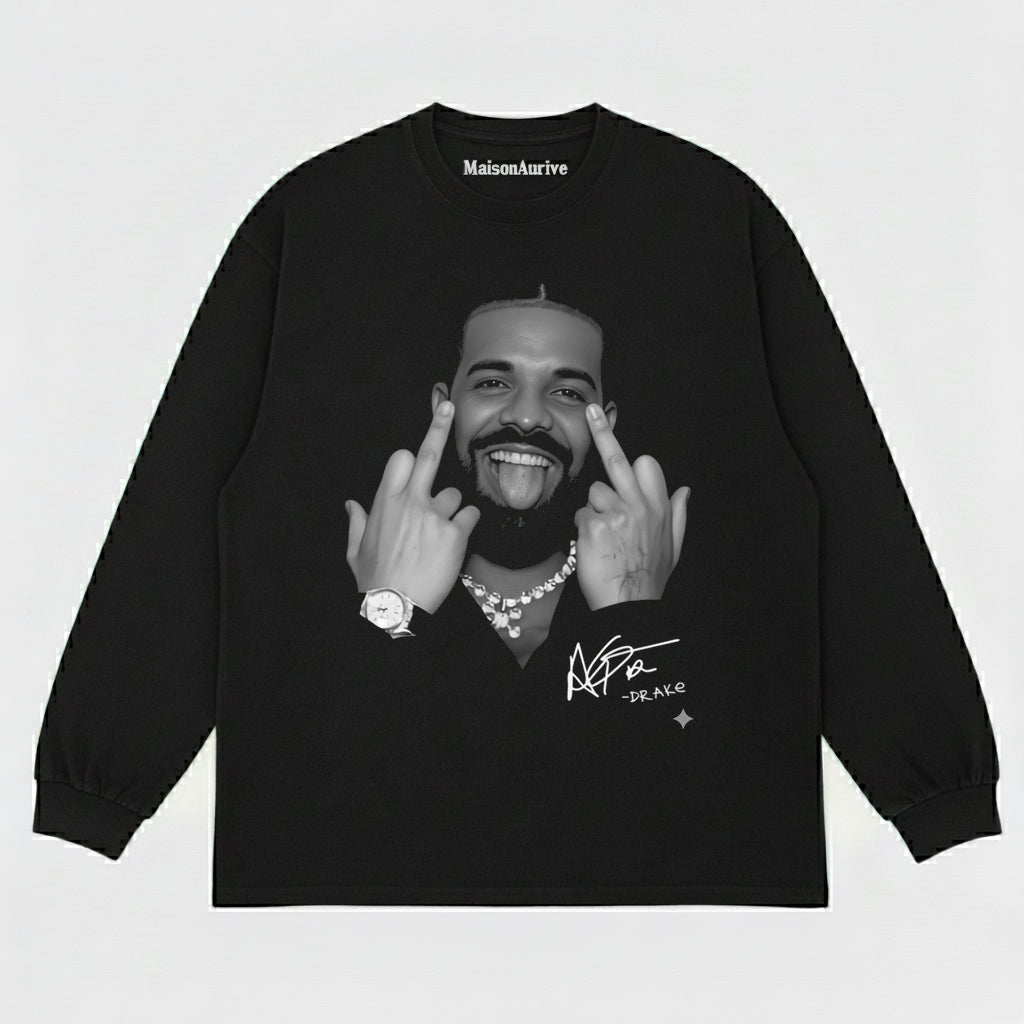 MaisonAurive Washed Hip-Hop Tee – Drake Signature Gesture Portrait Waterwashed Charcoal