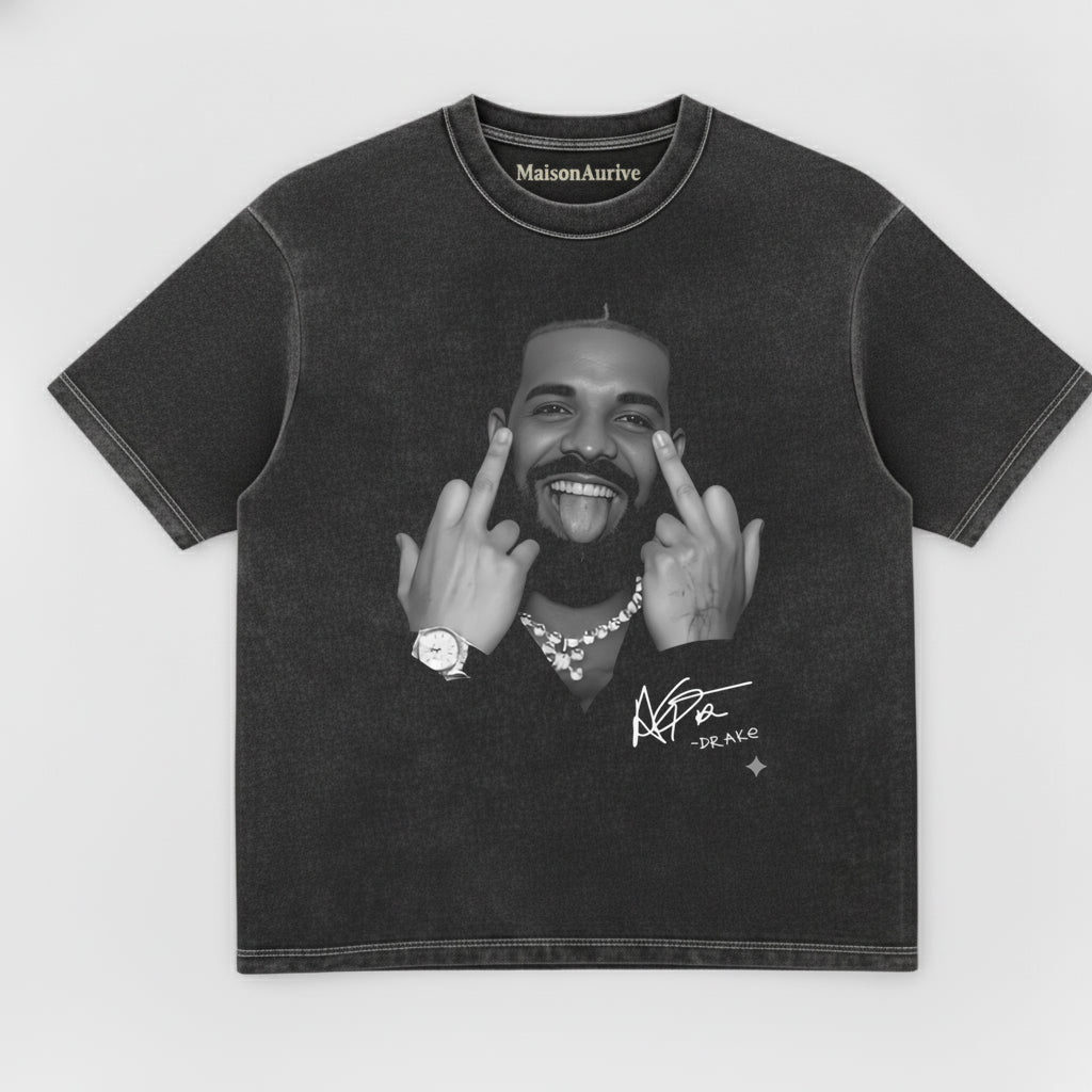 MaisonAurive Washed Hip-Hop Tee – Drake Signature Gesture Portrait Waterwashed Charcoal