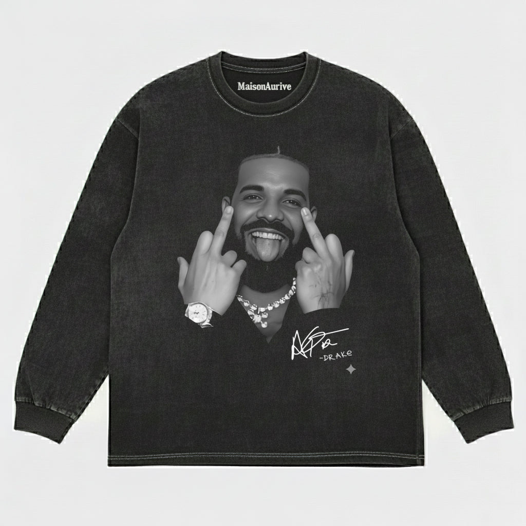 MaisonAurive Washed Hip-Hop Tee – Drake Signature Gesture Portrait Waterwashed Charcoal