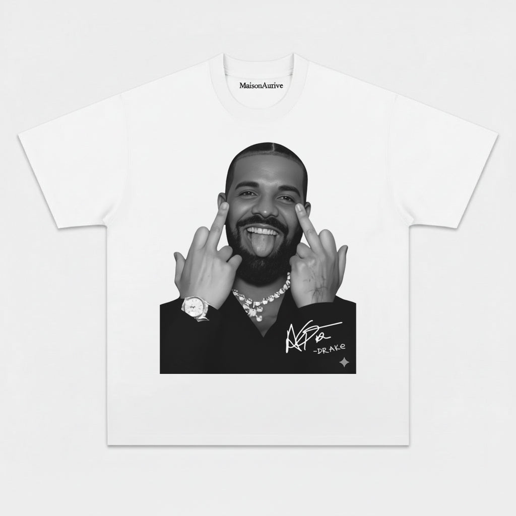 MaisonAurive Washed Hip-Hop Tee – Drake Signature Gesture Portrait Waterwashed Charcoal