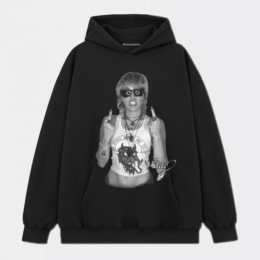 MaisonAurive Washed Hip-Hop Tee – Baddie Devil Print Gesture Portrait Waterwashed Charcoal