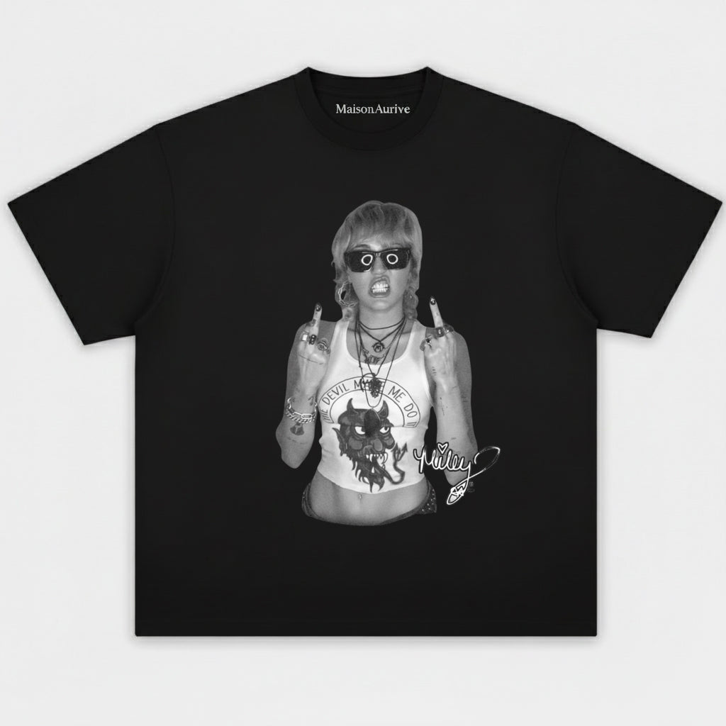 MaisonAurive Washed Hip-Hop Tee – Baddie Devil Print Gesture Portrait Waterwashed Charcoal