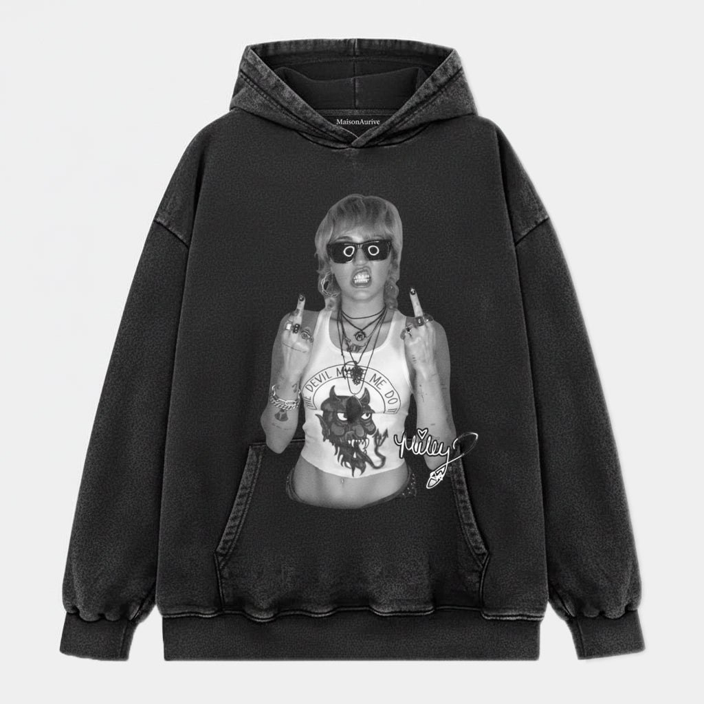 MaisonAurive Washed Hip-Hop Tee – Baddie Devil Print Gesture Portrait Waterwashed Charcoal