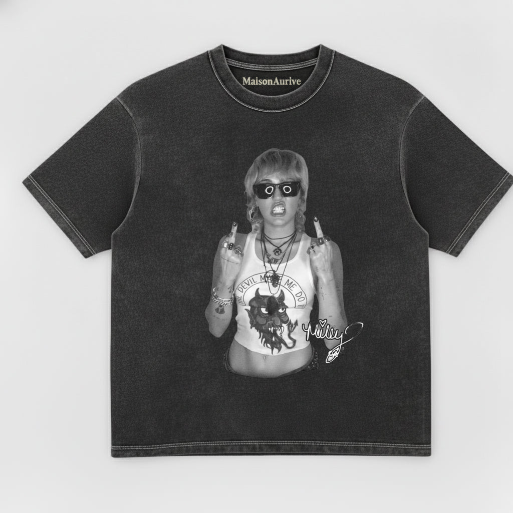 MaisonAurive Washed Hip-Hop Tee – Baddie Devil Print Gesture Portrait Waterwashed Charcoal