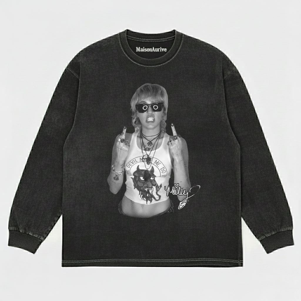 MaisonAurive Washed Hip-Hop Tee – Baddie Devil Print Gesture Portrait Waterwashed Charcoal