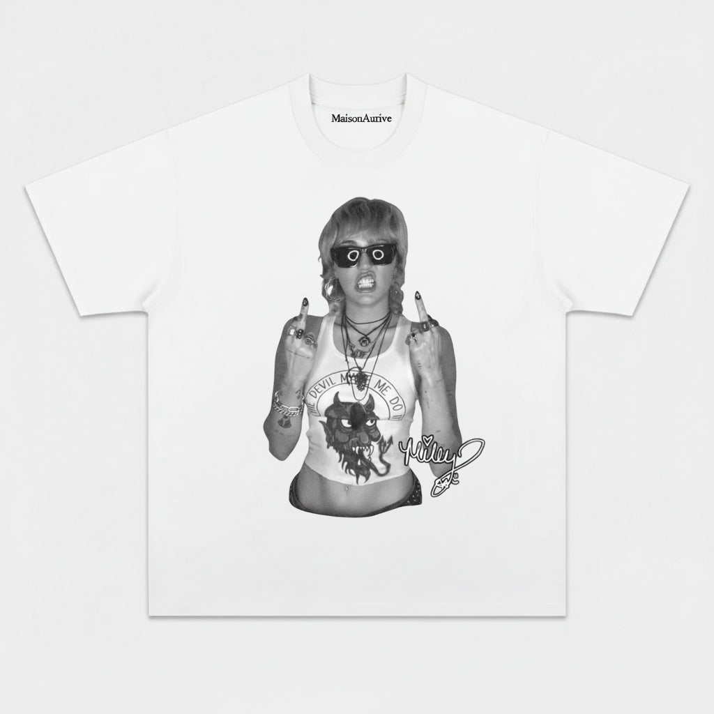 MaisonAurive Washed Hip-Hop Tee – Baddie Devil Print Gesture Portrait Waterwashed Charcoal