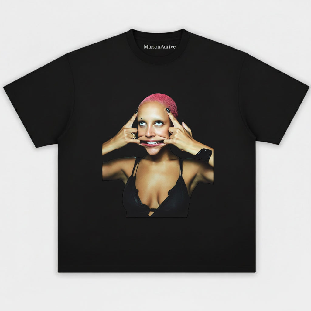 MaisonAurive Washed Hip-Hop Tee – Pink Hair Baddie Gesture Portrait Waterwashed Charcoal