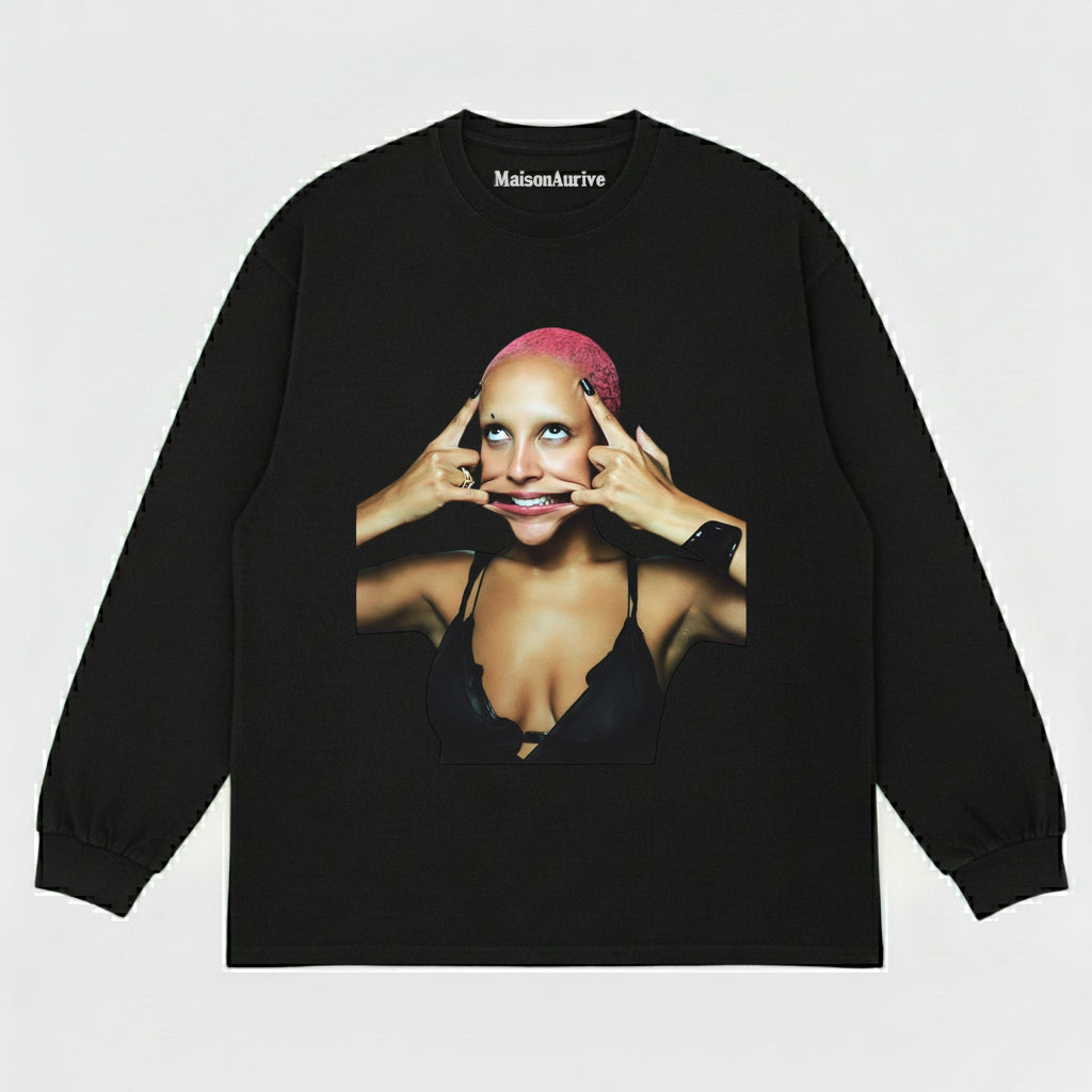 MaisonAurive Washed Hip-Hop Tee – Pink Hair Baddie Gesture Portrait Waterwashed Charcoal