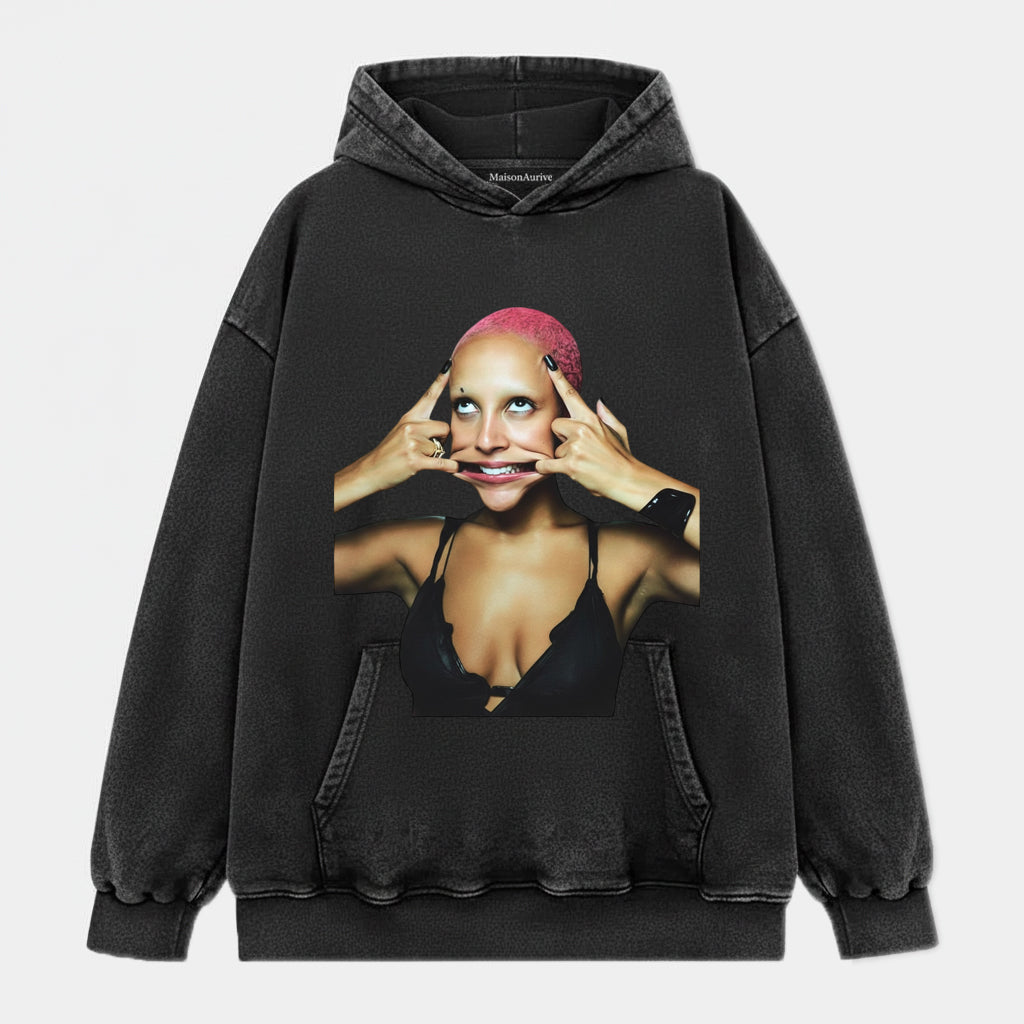 MaisonAurive Washed Hip-Hop Tee – Pink Hair Baddie Gesture Portrait Waterwashed Charcoal