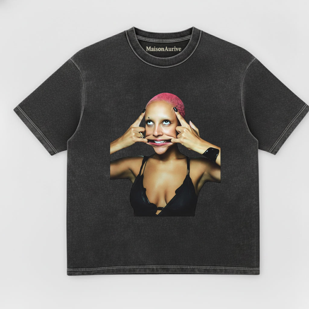 MaisonAurive Washed Hip-Hop Tee – Pink Hair Baddie Gesture Portrait Waterwashed Charcoal