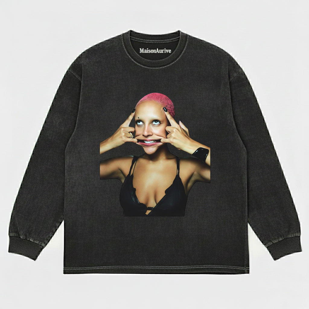 MaisonAurive Washed Hip-Hop Tee – Pink Hair Baddie Gesture Portrait Waterwashed Charcoal