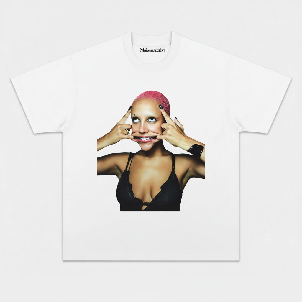 MaisonAurive Washed Hip-Hop Tee – Pink Hair Baddie Gesture Portrait Waterwashed Charcoal