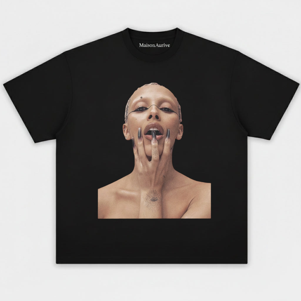 MaisonAurive Washed Hip-Hop Tee – Bald Baddie Tattoo Gesture Portrait Waterwashed Charcoal
