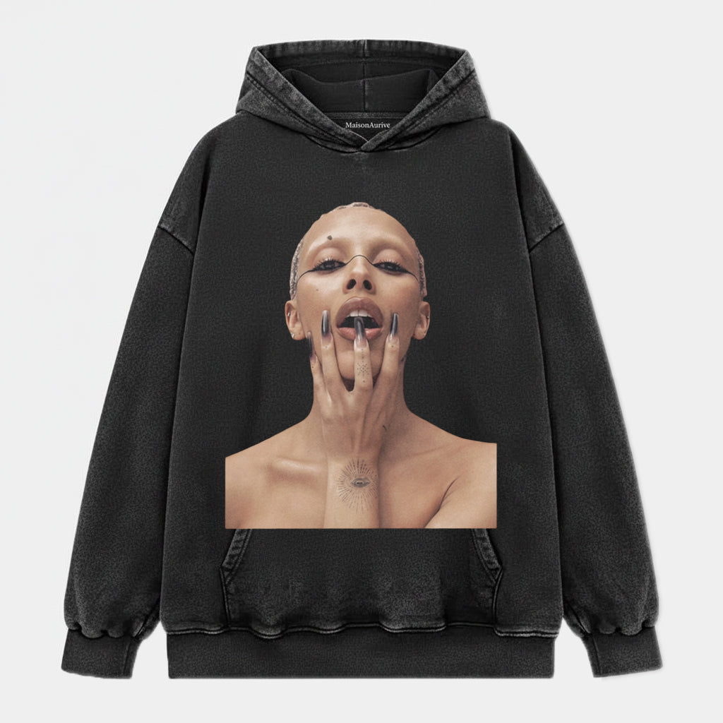 MaisonAurive Washed Hip-Hop Tee – Bald Baddie Tattoo Gesture Portrait Waterwashed Charcoal