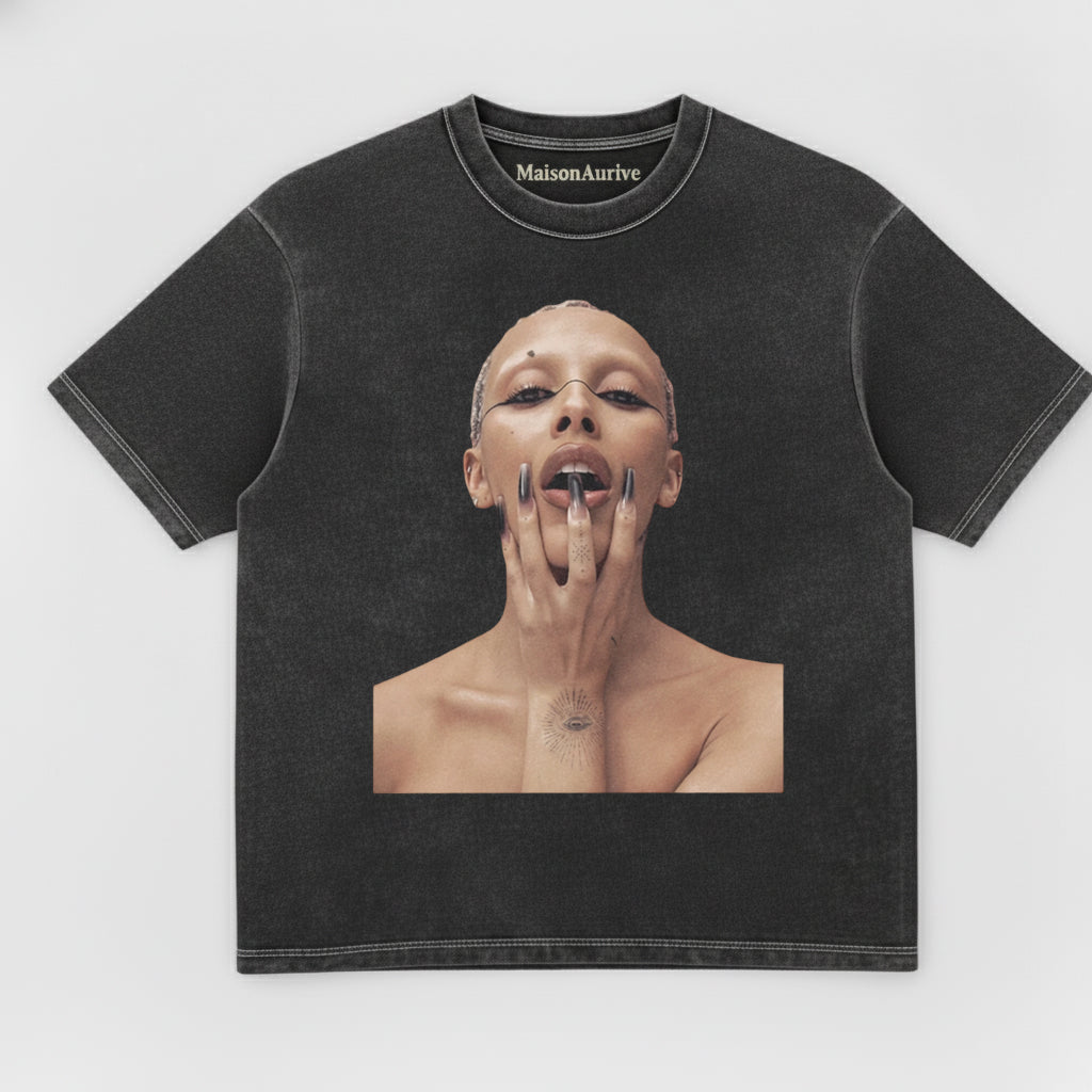 MaisonAurive Washed Hip-Hop Tee – Bald Baddie Tattoo Gesture Portrait Waterwashed Charcoal