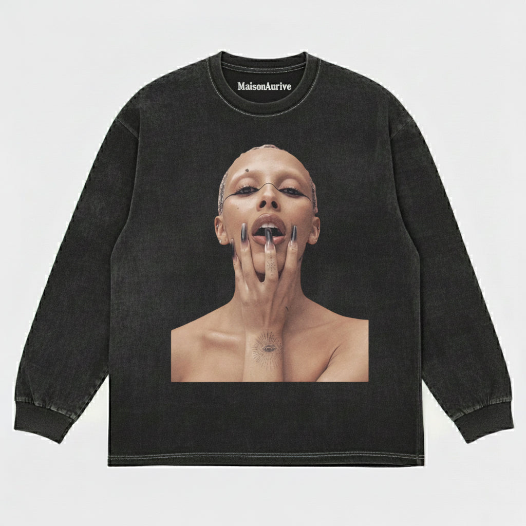 MaisonAurive Washed Hip-Hop Tee – Bald Baddie Tattoo Gesture Portrait Waterwashed Charcoal