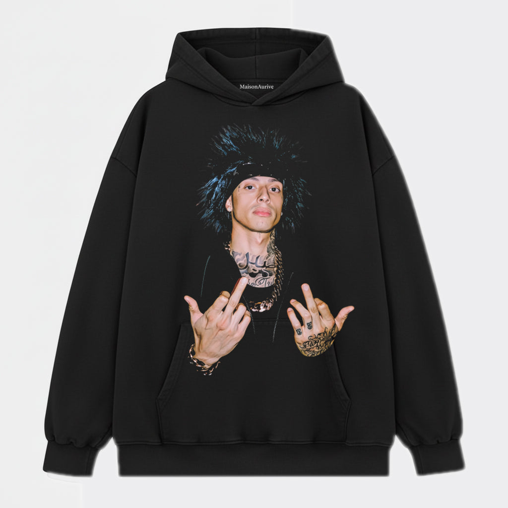 MaisonAurive 워시드 힙합 티셔츠 – 펑크 헤어 문신 제스처 포트레이트 워터워시 차콜