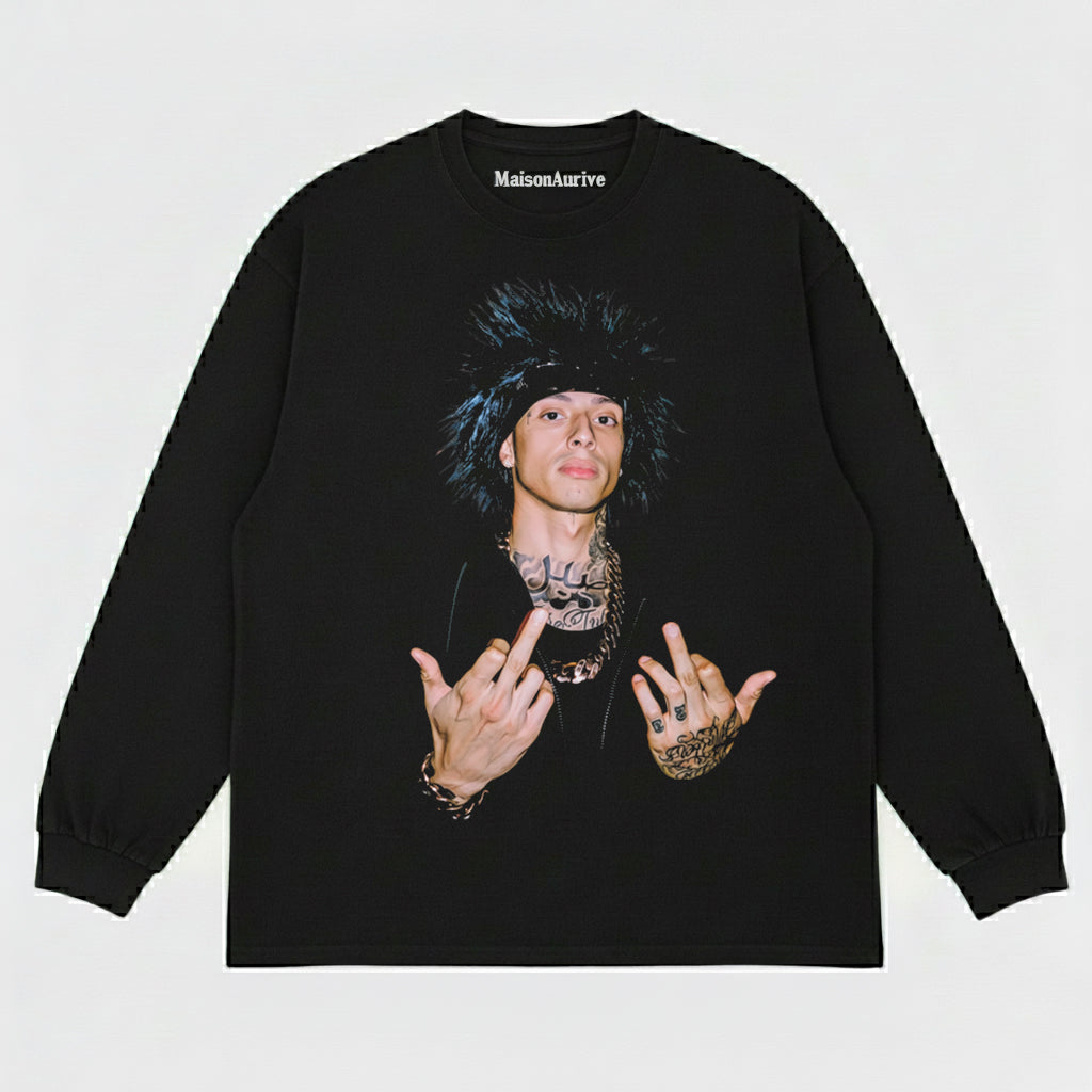 MaisonAurive 워시드 힙합 티셔츠 – 펑크 헤어 문신 제스처 포트레이트 워터워시 차콜