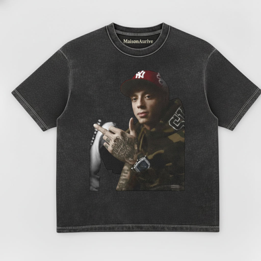 MaisonAurive Washed Hip-Hop Tee – Cap & Tattoo Gesture Portrait Waterwashed Charcoal