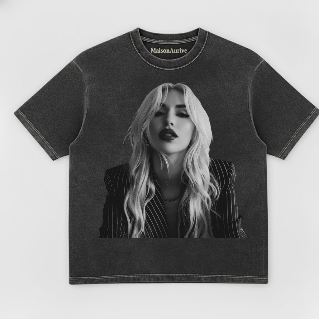 T-shirt hip-hop lavata MaisonAurive - Abito a righe con rossetto tagliente Ritratto Carbone lavato ad acqua