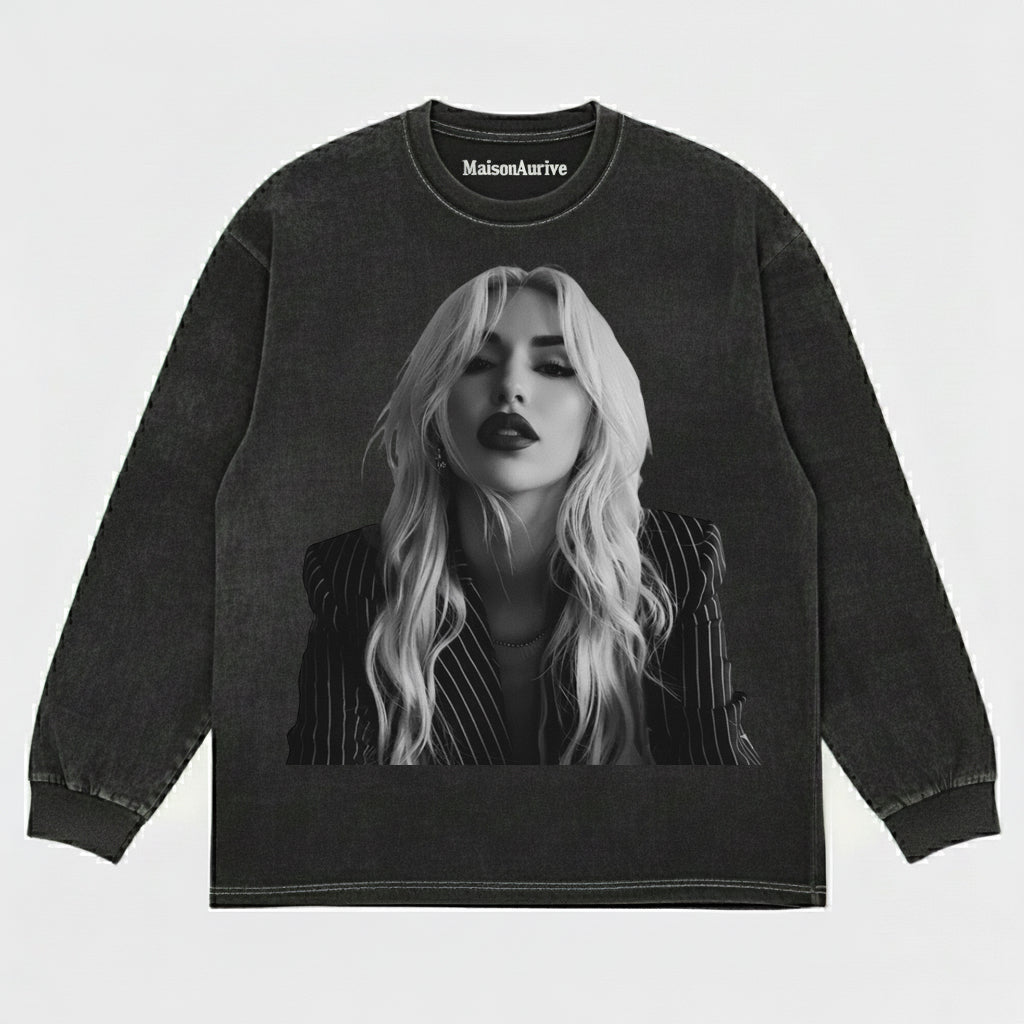 T-shirt hip-hop lavata MaisonAurive - Abito a righe con rossetto tagliente Ritratto Carbone lavato ad acqua