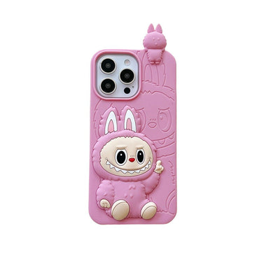 可愛卡通 Labubu 3d 矽膠外殼 |棕粉色 - iPhone 手機殼