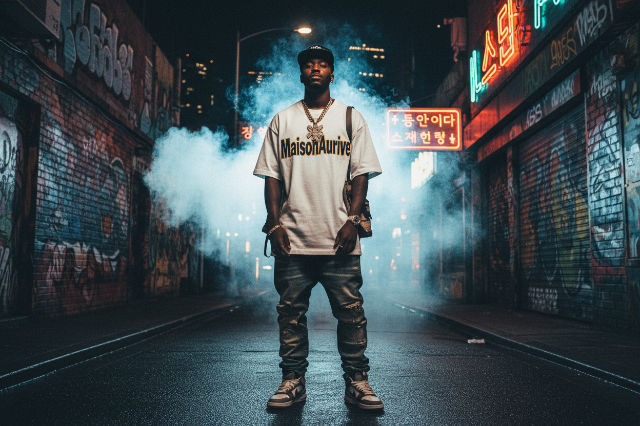 A confident hip-hop artist wearing a custom oversized T-shirt with the word "MaisonAurive" printed on it, standing on an urban street at night with graffiti walls and neon lights. Streetwear fashion, gold chain, cap, sneakers, smoke in the background, cinematic lighting, ultra-detailed, high contrast, realistic portrait --ar 1920:850 --v 6 --q 2 --style raw