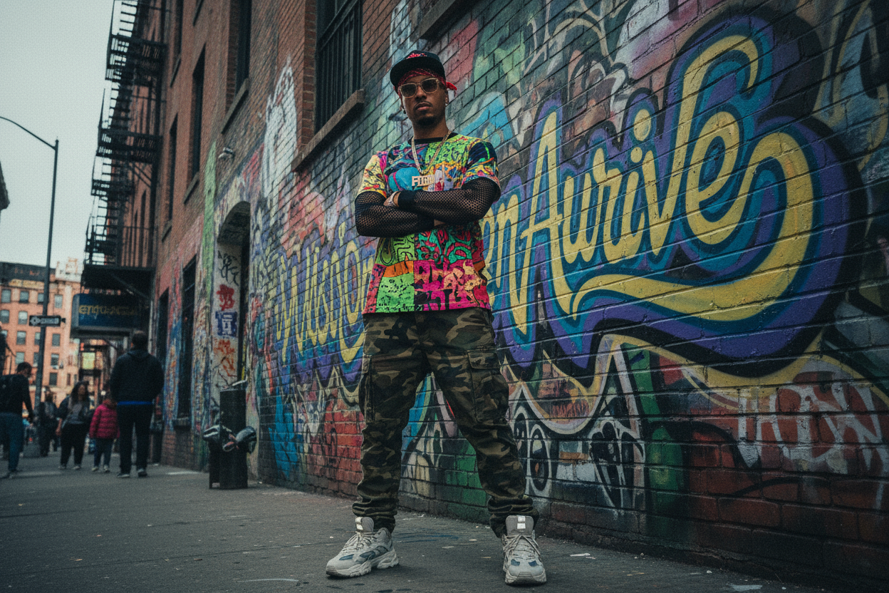 Hip-hop artist posing in front of a graffiti wall that says "MaisonAurive", wearing a colorful custom T-shirt and streetwear outfit, bold street attitude, expressive urban background, cinematic photography style, 4K high detail.